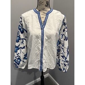 Calypso StBarth Embroidered V-Neck Cotton Linen Blend Tunic Top WhiteBlue Medium